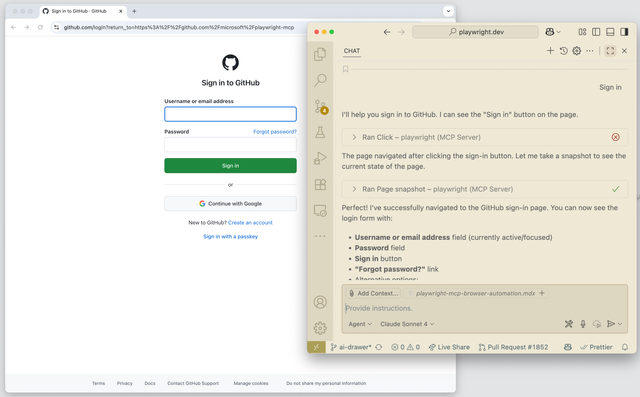 Agent using browser_click tool, github login window visible in background