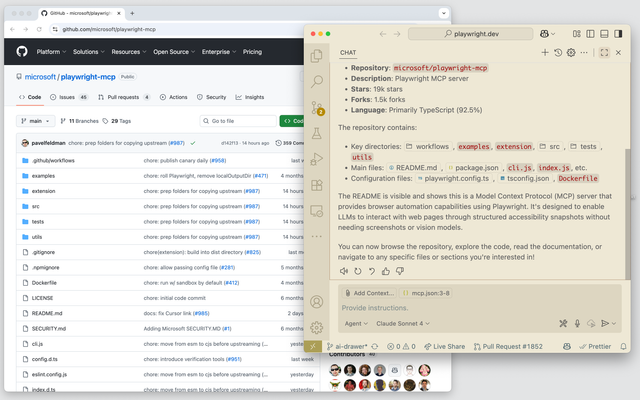 Agent using browser_navigate tool, browser window visible in background