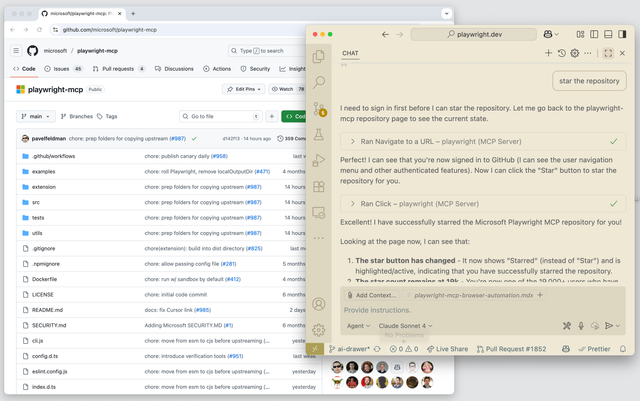 Agent using browser_click tool, starred github repo visible in background